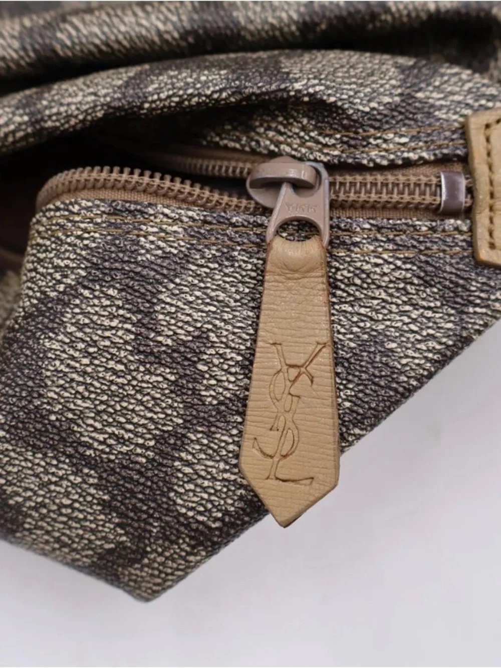 Saint Laurent Brown Patterned Canvas Backpack with Tan Trim